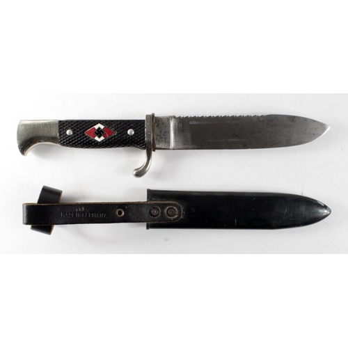 1160 - German Hitler Youth knife, Schneiteufel maker marked sawback blade, steel scabbard with belt loop, t... 