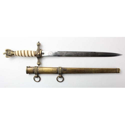 1162 - German Kriegsmarine Naval Officers dagger, white wire bound grip, etched blade, E. Bonsmann, Solinge... 