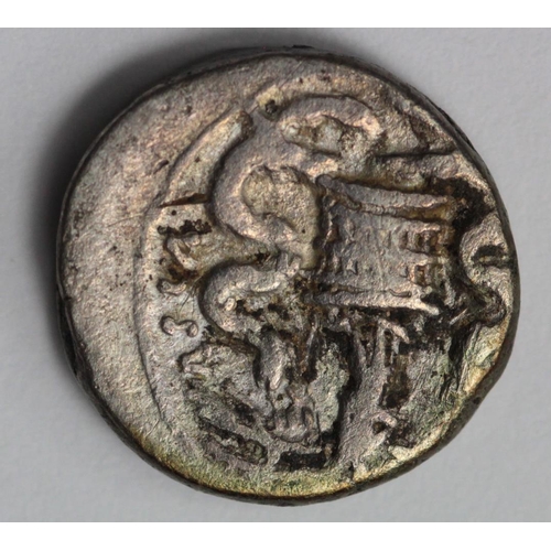 1438 - Octavian silver quinarius, struck Rome?, 29-28 B.C., reverse:- Victory standing left on cista mystic... 