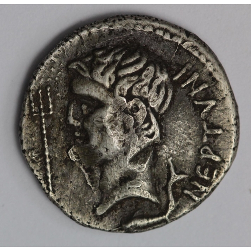 1441 - Pompey the Great and Q.Nasidius, silver denarius, obverse:- Head of Pompey the Great left, dolphin b... 