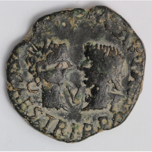 1455 - Roman Provincial bronze of c.20mm., depicting Tiberius, Drusus and Livia, with a ticket by Dr, R.Vez... 