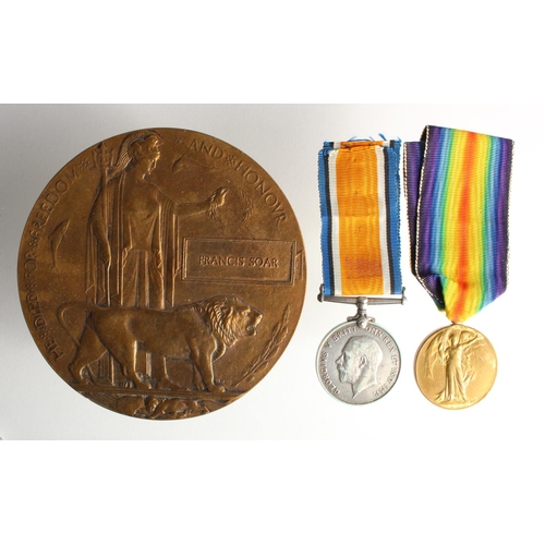 330 - BWM & Victory Medal + Death Plaque to 1882 Pte F W Soar Suffolk Regt. Killed In Action 30/8/1916 wit... 