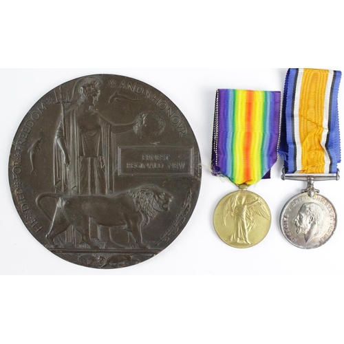 336 - BWM & Victory Medal + Death Plaque to G-23265 Pte Ernest Reginald New 7th Bn R.Sussex.Regt. Died of ... 