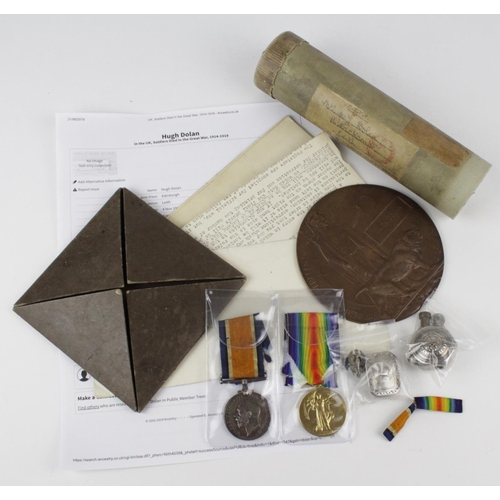 339 - BWM & Victory Medal, Death Plaque & folder, Casualty Scroll plus named tube, to M2-269919 Pte Hugh D... 