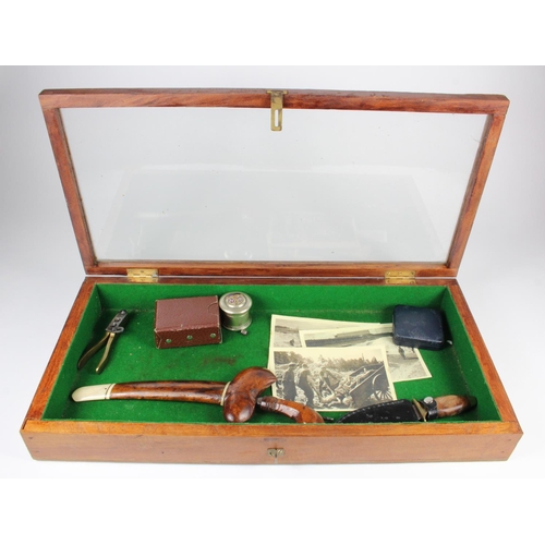 391 - Collectors Cabinet with cased medal, old daggers, goggles, etc.  (Buyer collects)