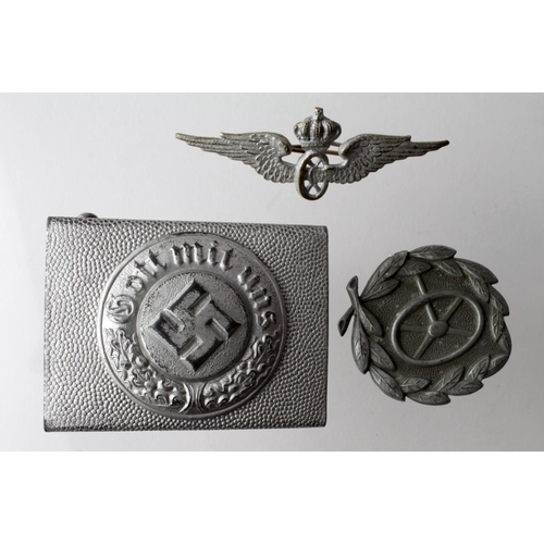 567 - German Nazi Drivers Badge, Nazi Police belt buckle, and Imperial German Railways Badge.  (3)