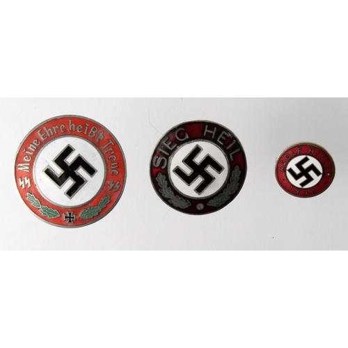 581 - German Nazi Party Badges various types, Adolf Hitler 1933, Sieg Heil, and Meine Ehre HeiBt Treue.  (... 