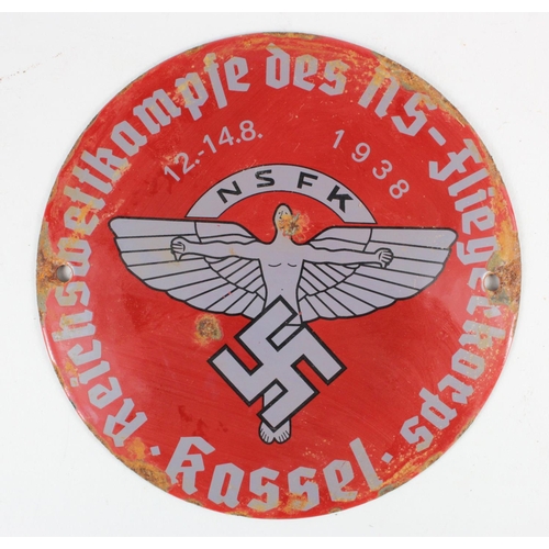 597 - German NSFK small round plaque for Kassel Fliegerkorps, 1938, service wear.