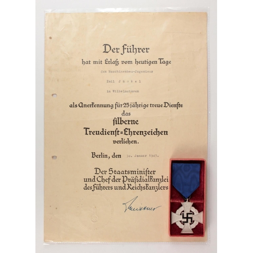 678 - German WW2 25 year faithful service medal in box with award document to Emil Jackel dated 30-1-1943