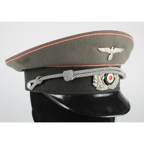 721 - German WWII Officers peaked cap with pink Panzer piping, complete with strap etc