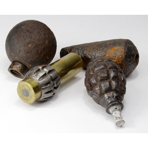 733 - Grenades: All Inert/deactivated. 1) WW1 Ball Grenade similar to the Law-Adams grenade. Screw in bras... 