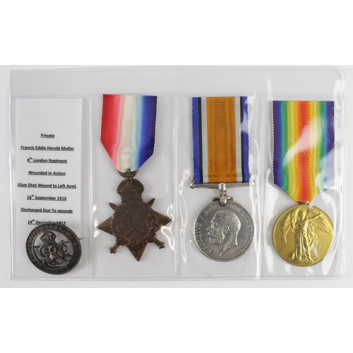 78 - 1915 Star Trio to 3195 Pte F E H Muller 4-London Regt. With Silver War Badge No287664 for Wounds. Li... 