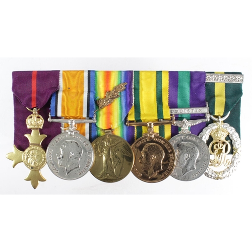 853 - OBE (Mily) group mounted as worn - OBE (Mily), BWM & Victory Medal (Capt S C R Crawford) MID, Territ... 