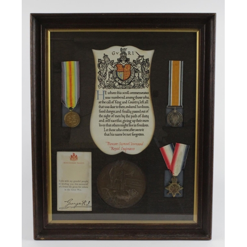 88 - 1915 Star Trio + Death Plaque, Scroll in contemporary frame. 125191 Pnr Samuel Townsend RE. Died 7th... 