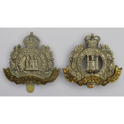 927 - Suffolk Regt O/R's cap badge, KC, solid centre, plus ditto QC hollow centre.  (2)