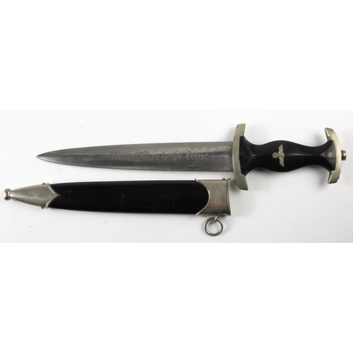 1173 - German Nazi SS Dagger with scabbard. Cross guard marked 'III'. Blade maker marked 'Gottlieb Hammesfa... 