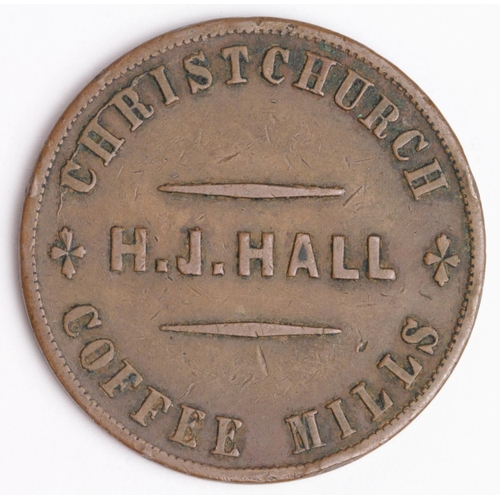 1442 - New Zealand Penny Token : H.J. Hall, Christchurch, Coffee Mills / H.J. Hall, Family Grocer, Wine & S... 