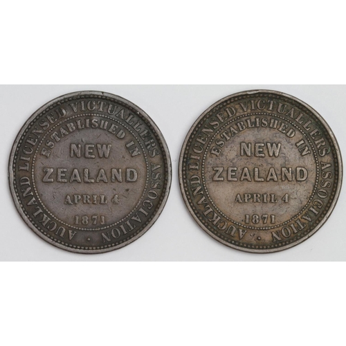 1443 - New Zealand Penny Tokens (2) both Auckland Licensed Victuallers Association 1871, F amnd VF, with so... 