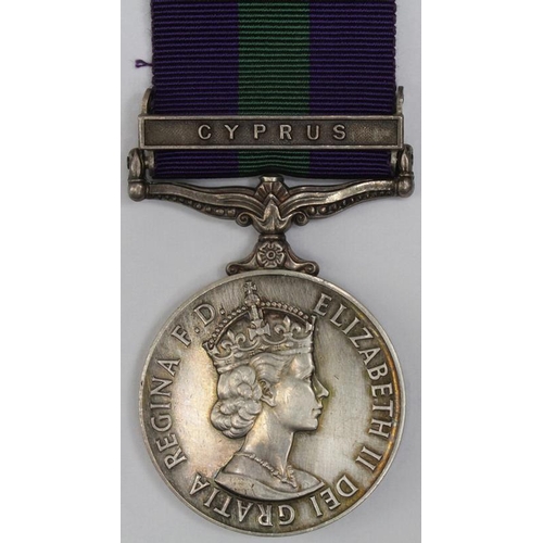 1613 - GSM QE2 with Cyprus clasp named (1866539 Cpl K.Soulsby RAF).