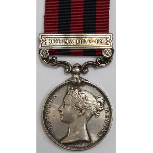 1621 - India General Service Medal 1854 with Burma 1887-89 clasp, named to 263 Pte J Green 1st Bn Ches R.  ... 