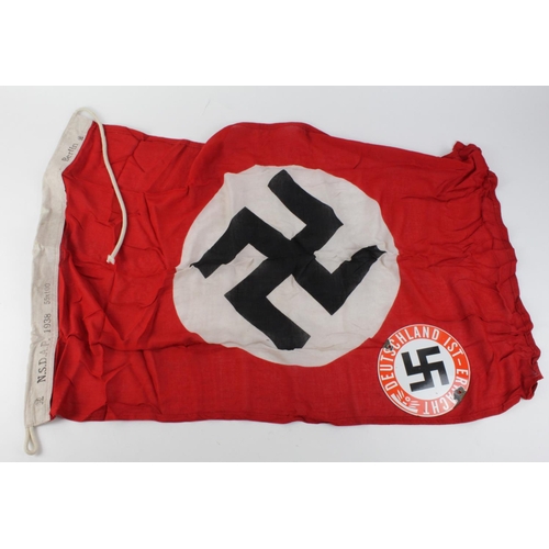 1681 - German 1938 dated NSDAP party flag with German Deutschland Erwacht enamel plaque.