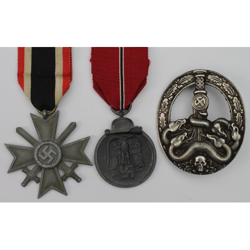 1754 - German Nazi Anti Partisan badge, Russian front Medal and War Merit Cross with Swords 2nd class.  (3)