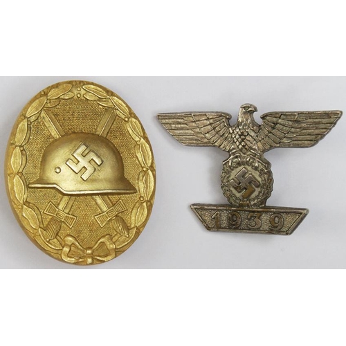 1758 - German Nazi Gold Wounds Badge, maker marked '30'. Plus a Clasp 1939 for the Iron Cross 1st Class (fi... 