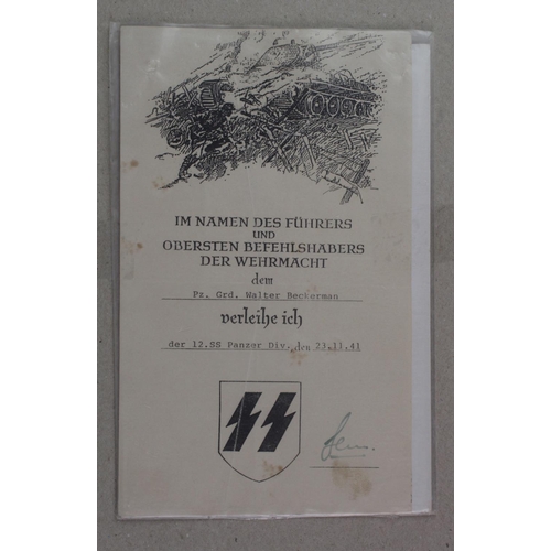 1764 - German Nazi printed illustrated Certificate with signature. Awarded to Pz. Grd. Walter Beckerman der... 