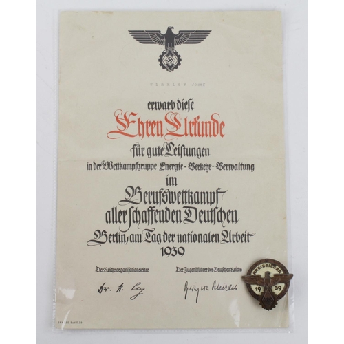 1801 - German scarce 1940 Hitler youth Kreissieger National Trade Competition Badge with award document to ... 