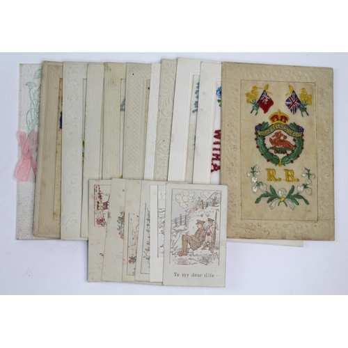 2676 - Embroidered Silk postcards and 6 Xavier Sager inserts, inc. Royal Berkshire Regt., Flags,  Sentiment... 