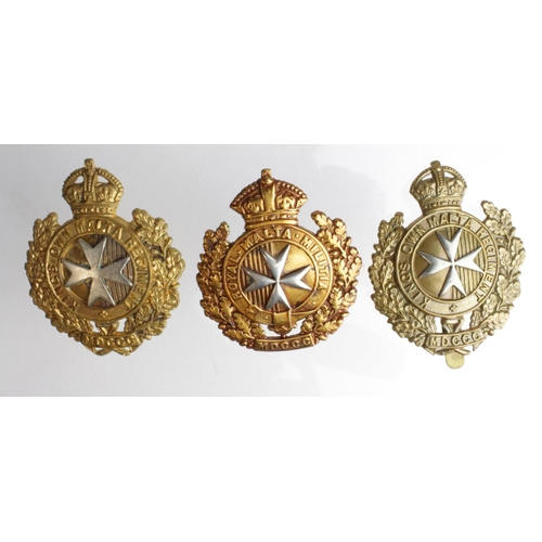 116 - Badges - 3 original Maltese military hat badges comprising 1x Royal Malta Militia (EDVII crown) (rep... 