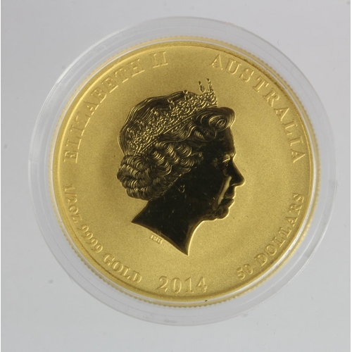 1209 - Australia $50 2014 (half ounce gold). BU in a hard plastic capsule