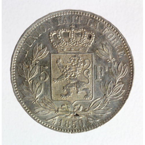 1219 - Belgium silver 5 Francs 1850, dot above date, KM# 17, EF