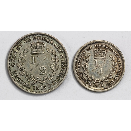 1227 - British Essequibo & Demerary 2x George III silver minors: 1/4 Guilder 1816, KM# 11, VF, and 1/2 Guil... 