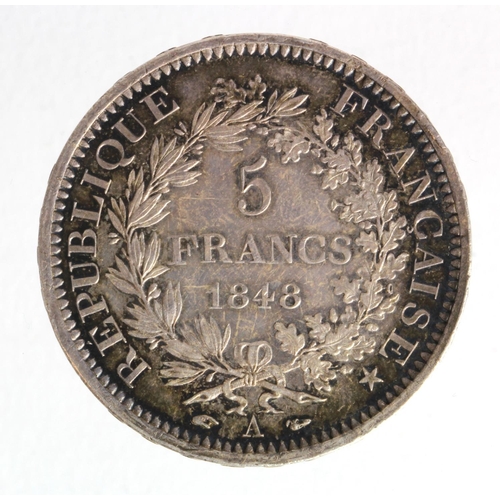 1250 - France silver 5 Francs 1848A, KM# 756.1, lightly toned EF