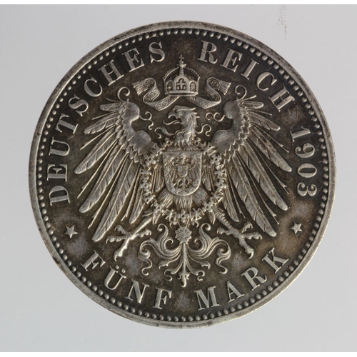 1255 - German State Saxe-Weimar-Eisenach, Grand Duke's First Marriage, silver 5 Mark 1903A, KM# 218, toned ... 