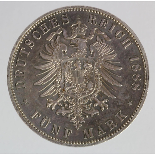 1260 - German States, Prussia 5 Mark 1888A (KM# 513) GEF / aUnc small edge bruise obverse