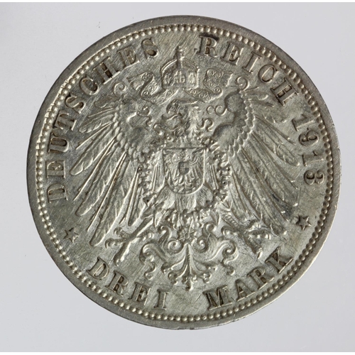 1265 - Germany silver 3 marks for the Silver Jubilee of Wilhelm II, 1913A, light ovalall marks on obverse, ... 