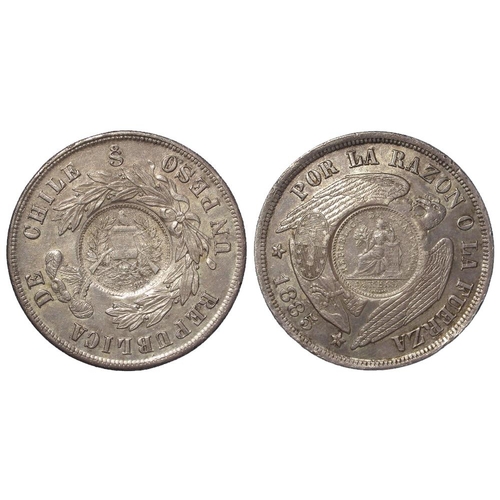 1273 - Guatemala, Counterstamped Coinage, Peso 1894, host coin Chile Peso 1885, KM# 216, EF