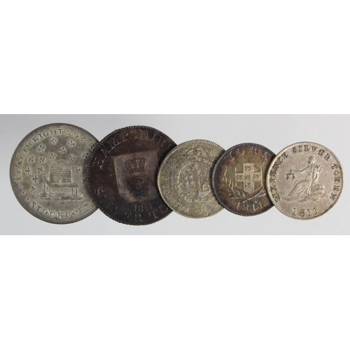 1810 - Tokens, 19thC Silver (5): Hampshire Shilling 1811 toned GVF, York 'Cattle and Barber' Sixpence 1811 ... 