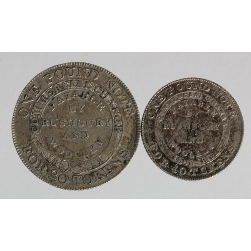 1811 - Tokens, 19thC (2): Bilston 'Rushbury & Woolley' silver Shilling 1811, no inner circle, GVF, and simi... 