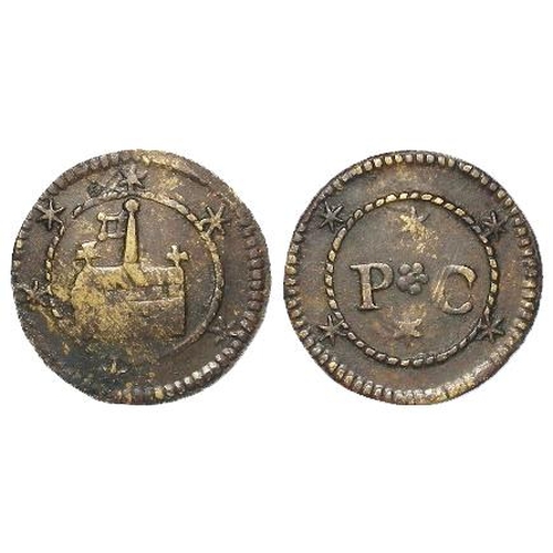 1817 - Token, 17thC: The token known as Uncertain 66, with initials P.C. and church on reverse, believed to... 