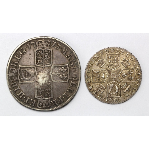 2157 - Early Milled (2): Halfcrown 1713 plain angles S.3604 VG, countermarked 'TT' on obverse, plus Shillin... 