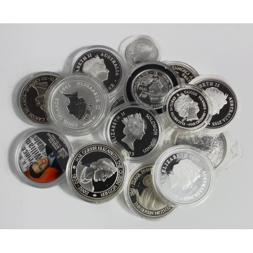 2640 - World .999 Silver Proof & BU Coins (16) in capsules, crown-size and smaller, approx 415g.