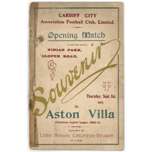 2660 - Cardiff City v Aston Villa 1st September 1910, 1st match at Ninian Park.  Tape repair.  Rare