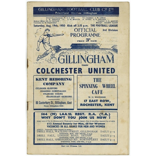 2704 - Gillingham v Colchester 19th August 1950 3rd Div. First League game.  Rare