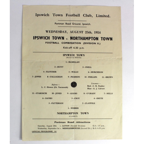 2731 - Ipswich Town v Northampton Town 25th August 1954 Football Combination Div 2, single sheet programme