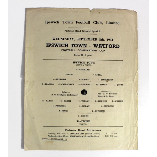 2739 - Ipswich Town v Watford 8th Sept 1954 Football Combination Cup, single sheet programme