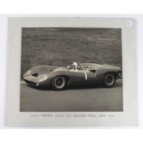 2741 - John Surtees, a super black & white hand signed photo of Surtees on car No 1, mount inscribed 'J Sur... 