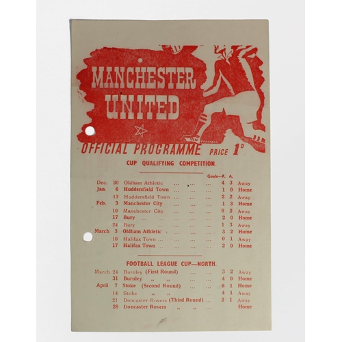 2750 - Manchester United v Doncaster 28th April 1945 F/L Cup North, single sheet. Hole punched